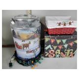 Basket, tin, Christmas lights, tree skirt,