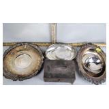 Silverplate, tin box, brass bookends