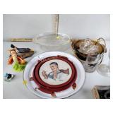 Wood bird figurine, glass baking dish, metal