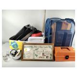 Tackle box, laundry hamper, plastic tool totes,
