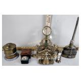 Brass letter holder, box, bell, hourglass, wood