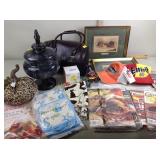 Purse, plastic urn, plush leopard pumpkin,