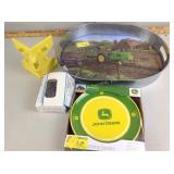John Deere metal serving tray, plastic plates,