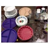 Pyrex mixing bowls, Pfaltzgraff dishes, vase,