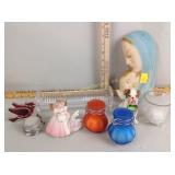 Candle holders, Mary wall plaque, Josef Originals