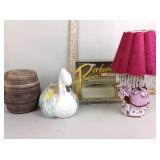 Swan planter, door closer, table lamp, pottery