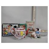 Hand painted tea pot, boy and girl figurine,