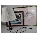 Tiger and bear framed prints, monkey table lamp