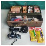 Tackle box filled with bait and tackle including