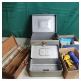 Metal tackle boxes, shelf hooks, flashlights,