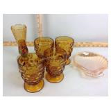 Amber glass including goblets, seashell candy