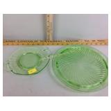 Green depression glass plate and cake stand