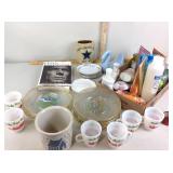 Eggnog glass cups, bird plates, Clint Eastwood