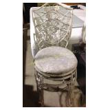 Metal patio chairs, four, only one with seat