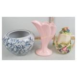 2 unmarked vases, unmarked tea pot
