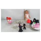 Baby doll, glassware, coffee pots, cocktail mixer
