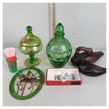 Wood duck decoys, covered dish, vintage green