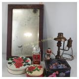 Mirror, brass table lamp, sailor figurine, pigs