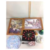 Decor items including bird houses, dice battery