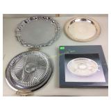 Silver plate with glass serving trays and other