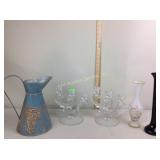 Glass candleholders, vases, metal decor pitcher