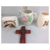 Pottery vases and fish basket, cross
