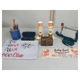 Apple peeler, trinket box, candle