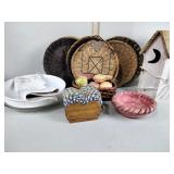 Baskets, casserole dish, coasters, birdhouse,