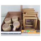 Gold tone picture frames, art pottery mugs