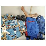 Broken mannequin arm, baseball themed fabric