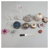 Enameled metal trinket boxes, blown glass