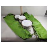 Green leather chaps, china dinnerware