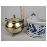 Blue stoneware salt crock, brass kettle