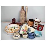 Tobacco tin, mugs, ashtray, pottery shoe, misc,