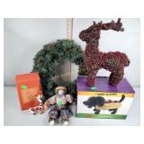 Christmas wreath, blown glass dog ornament,