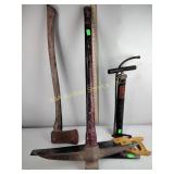 Pickaxe, Axe, Handsaw, Tire pump