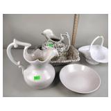 2 Wash Bowls & Pitchers, Milk glass basket