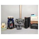 Gargoil Coin Bank, Budweiser christmas glass,