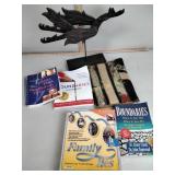 Dragon Statue, Vintage bag, books