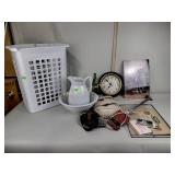 19th c. Canvas bag, clock, wash basin, laundry