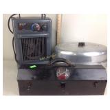 Toolbox, roasting pan, Duracraft electric heater