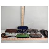 Vintage spectacles, tobacco pipe, coin bag