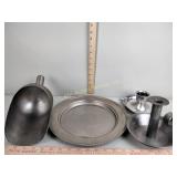 Metal items including serving tray, candle