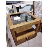 Wood with glass top side table, 26 x 26x 25