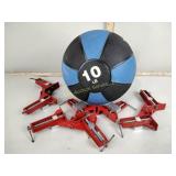 10 pound medicine ball, wood clamps