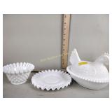 Milk glass including hen on nest