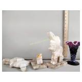 Fenton ruffled glass vase, marble donkey