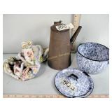 Graniteware covered pot, metal tea kettle