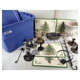 Metal candleholders and other decor, planter,