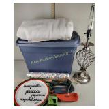 Storage tote, lamp, blanket, shelf liner paper,